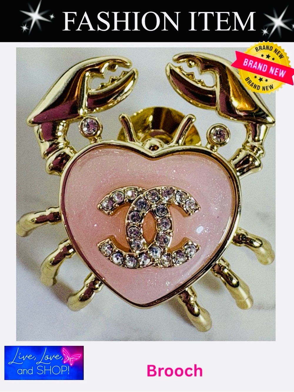 BROOCH: Stylish 18K Gold Plated Pink Crab w/Sparkling Gemstones, NWOT